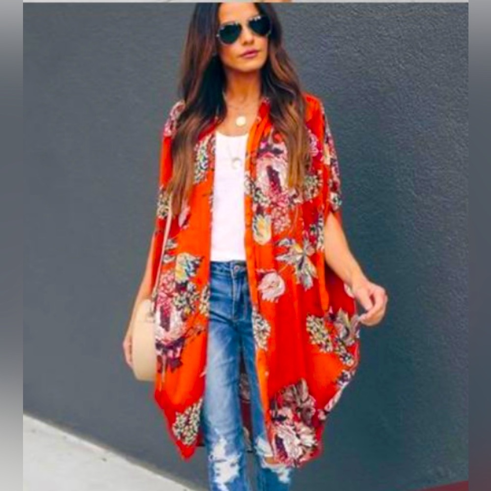 Vici Orange Floral Kimono Top